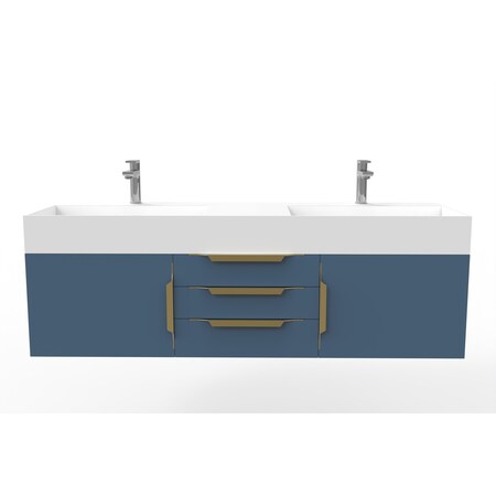 Castello Usa Amazon 60" Wall Mounted Blue Vanity With White Top And Gold Handles CB-MC-60BLU-GLD-2056-WH